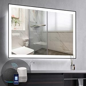 HAUSCHEN HOME 32x40 inch Smart WiFi LED Lighted Bathroom Mirror, Works with Alexa, Echo & Google Home, Voice Control, Wall Mounted Dimmable Black Framed Vanity Anti-Fog Mirror, Horizonal & Vertical